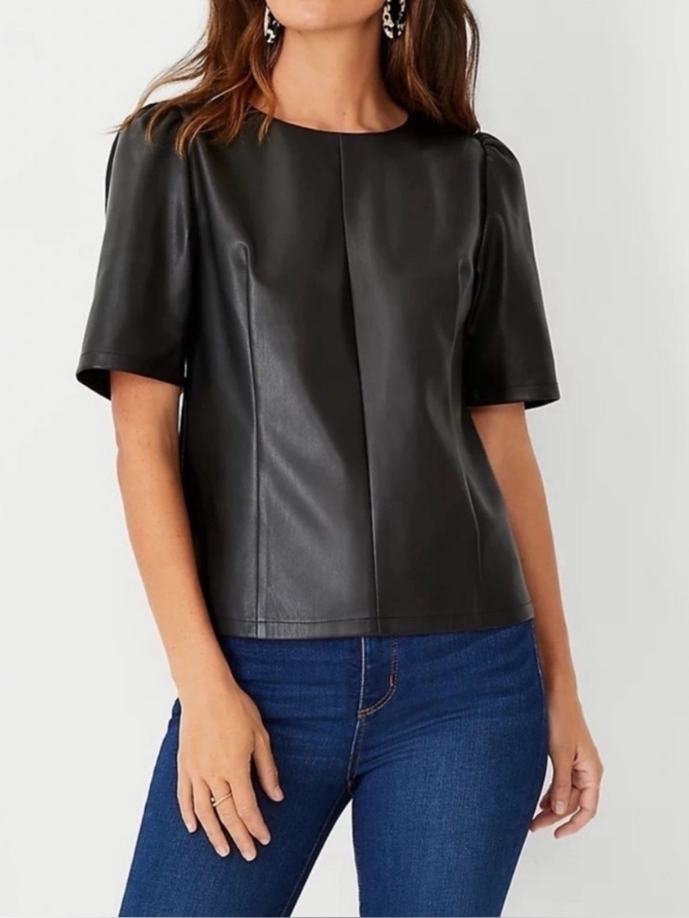 NWT Ann Taylor Black Faux Leather Short-Sleeve Top
